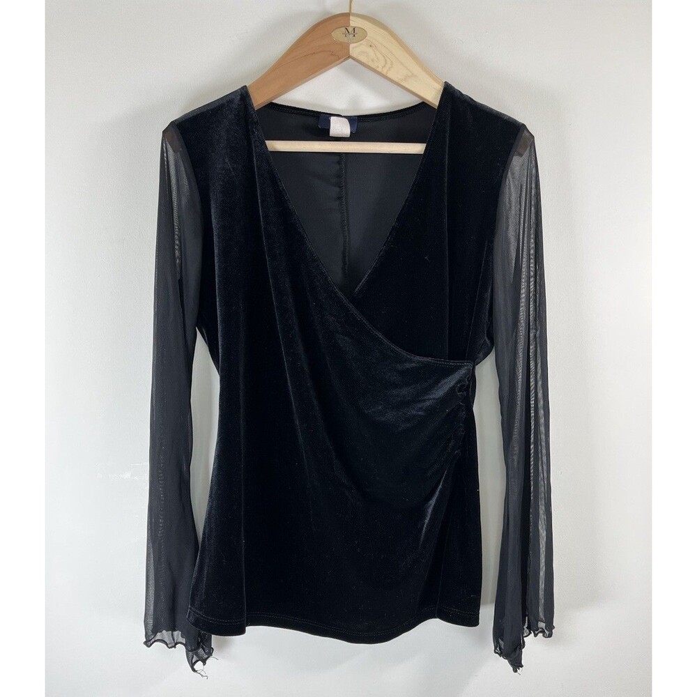 Y2K Velvet Mesh Bell Sleeve Wrap Top L 90s Goth Black Grunge Fairycore USA